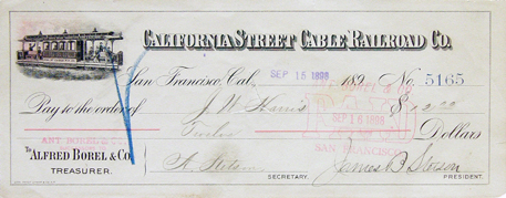 California Street Cable Railroad Co., bank check, 1898